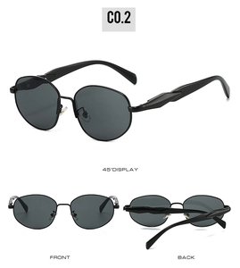 Three-way view of retro round metal sunglasses with smoky gray lenses and black frames