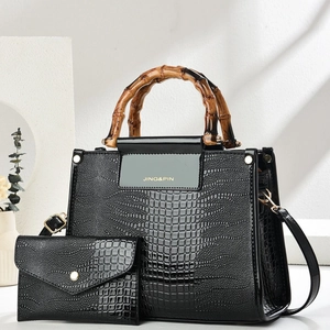 Women Crocodile Embossed PU Leather Handbag With Bamboo Handle Crossbody Shoulder Bag Matching Pouch Vintage Style