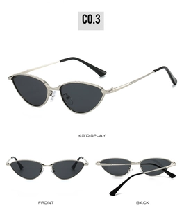 Three-angle view of silver cat-eye sunglasses with textured metal frame and black lenses