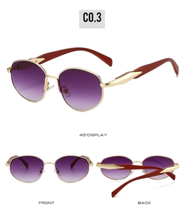 Detailed views of vintage round metal sunglasses with purple gradient lenses and wood-style arms