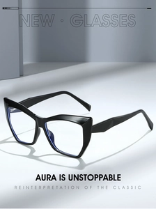 Close-up of stylish black TR90 cat-eye frame with bold lines and modern shadow effect