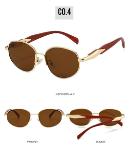 Detailed views of vintage round cat-eye sunglasses with gold frames and wood grain temples