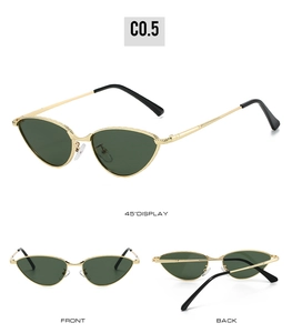 Detailed views of vintage cat-eye sunglasses with thin gold frames and dark green lenses