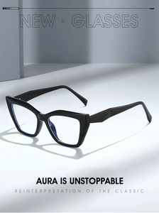 Detail of black butterfly TR90 frames with blue light blocking lenses and beveled edges