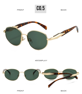 Detailed views of gold metal round sunglasses with dark green lenses and tortoiseshell arms