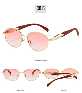 Detailed views of gold sunglasses with pink gradient lenses and wood grain temples