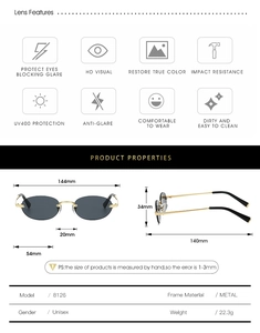 Detailed size specifications and features of golden rimless oval sunglasses with UV400
