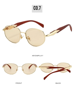 Three-view display of vintage gold round metal sunglasses with amber lenses and wood grain arms