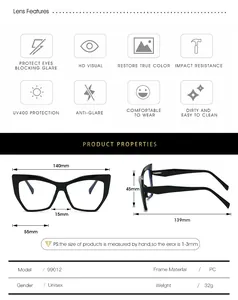 Size chart showing dimensions for TR90 cat eye glasses with spring hinges and UV400 lenses