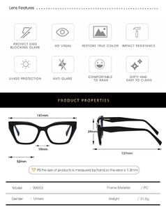 Detailed size chart and core lens features of TR90 butterfly frame blue light glasses