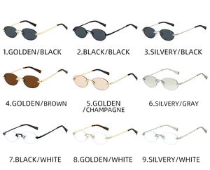 Detailed catalog showing nine color variants of rimless oval sunglasses with metal temples