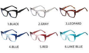 Cat-eye TR90 glasses frames in black, gray, leopard, blue, red, and lake blue