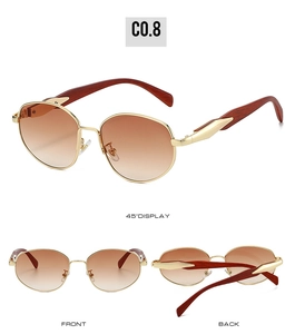 Retro round metal sunglasses with gradient brown lenses and wood grain temples, multi-angle view