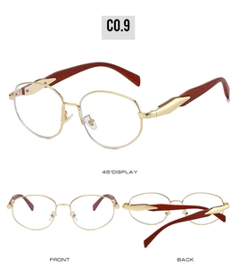 Detailed views of vintage gold metal glasses with wood texture temples from multiple angles