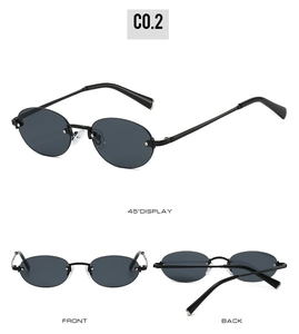 Three-view display of retro rimless oval sunglasses in black finish, model C0.2