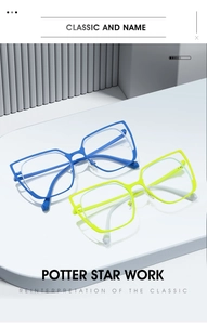 Detail view of blue and neon yellow geometric metal glasses frames on a modern white display