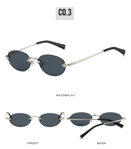 Three-view display of vintage rimless oval sunglasses with dark lenses and silver metal temples