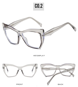 Three-way view of cat eye TR90 glasses frames in transparent grey showing 45-degree angle