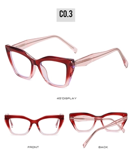 Detail view of TR90 butterfly frame glasses with red and pink gradient finish