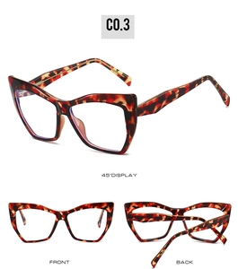 Three-view display of cat-eye glasses frames in red-brown tortoiseshell finish