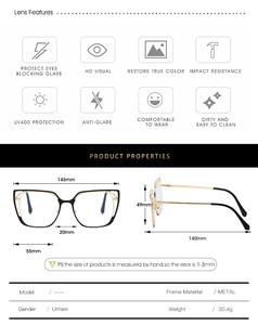 Detailed size chart and core features for metal cat eye anti-blue light glasses