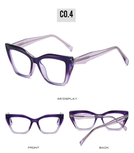 Three-angle view of purple gradient TR90 cat-eye glasses frames showing front and back