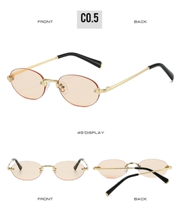 Detailed views of rimless oval sunglasses with gold metal bridge and amber tinted lenses