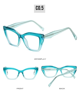 Three views of teal butterfly frame glasses with spring hinges and TR90 material details