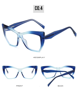 Three views of blue gradient TR90 cat-eye frames with spring hinges and blue light blocking
