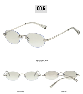 Three-way view of rimless oval sunglasses with silver metal frame and light blue lenses