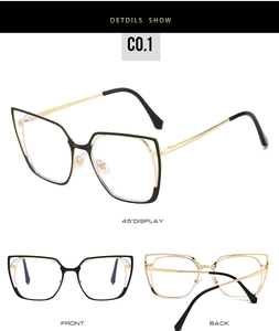 Three-view layout of cat-eye glasses frame with black and gold metal details
