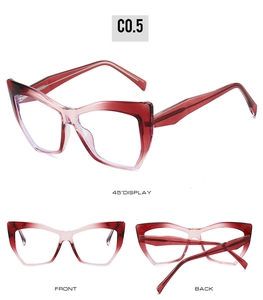Detailed views of gradient wine red cat eye glasses frames with spring hinges and TR90 material