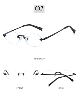 Three-angle view of rimless oval sunglasses with gold metal temples and black tips