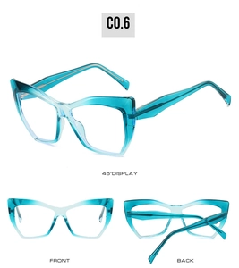 Three-view display of cat-eye TR90 frames in transparent turquoise with spring hinges