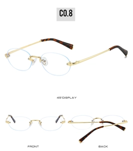 Detailed views of rimless oval sunglasses with gold metal frame and tortoiseshell tips