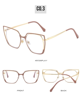 Three views of rose gold cat eye metal glasses frame with hollowed out detail