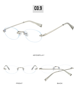 Three-angle views of rimless oval metal sunglasses showing front, back and profile frames