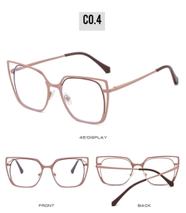 Three-angle view of pink cat-eye blue light blocking glasses with hollow metal frame