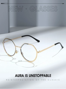 Détails de montures de lunettes en métal doré polygone avec verres anti-lumière bleue