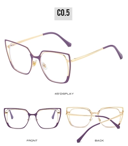 Detail view of purple and gold cat-eye glasses frame with metal structure and clear lenses