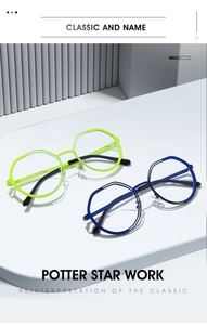 Détail de lunettes polygonales vert fluo et bleu marine avec branches en métal fin