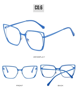 Three-view display of bright blue cat-eye glasses frame with hollow metal side details