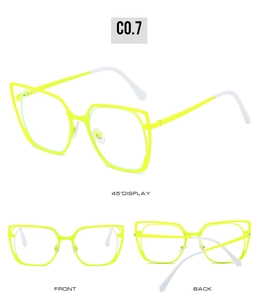 Three-view display of neon yellow cat eye glasses frame with dual-layer hollow design