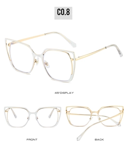 Detailed views of cat-eye glasses with white frames and light gold metal temples