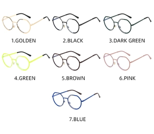 Vue à plat de montures de lunettes rétro polygonales en métal en sept coloris