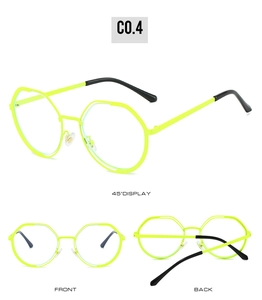 Trois vues de lunettes en métal polygone vert néon montrant les détails de face et de profil