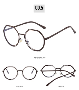 Trois vues de montures de lunettes polygonales vintage en métal café avec filtre lumière bleue