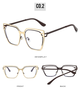 Three-view display of cat-eye anti-blue light glasses with gold metal frame and brown tips