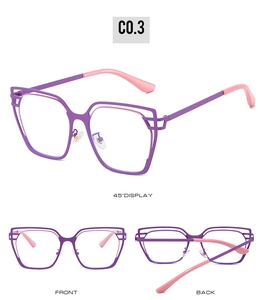 Detailed views of purple and pink cat-eye blue light blocking glasses from multiple angles
