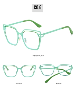 Three-view display of mint green cat-eye anti-blue light metal frame glasses in high detail